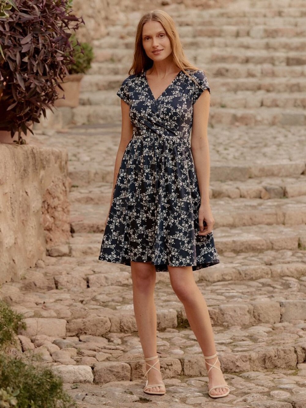 Pact Organic Fit & Flare Crossover Dress XS Bouquet Blooms Midnight Blue